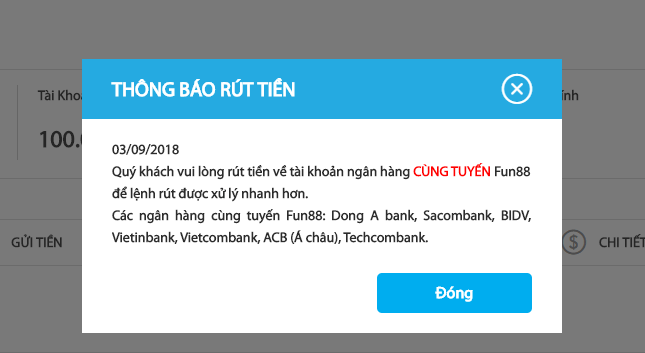 Thông báo rút tiền từ tài khoản cá độ Fun88 về thẻ ATM