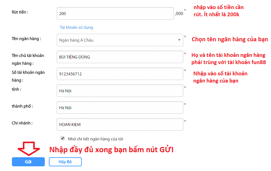 Nhập thông tin để rút tiền Fun88