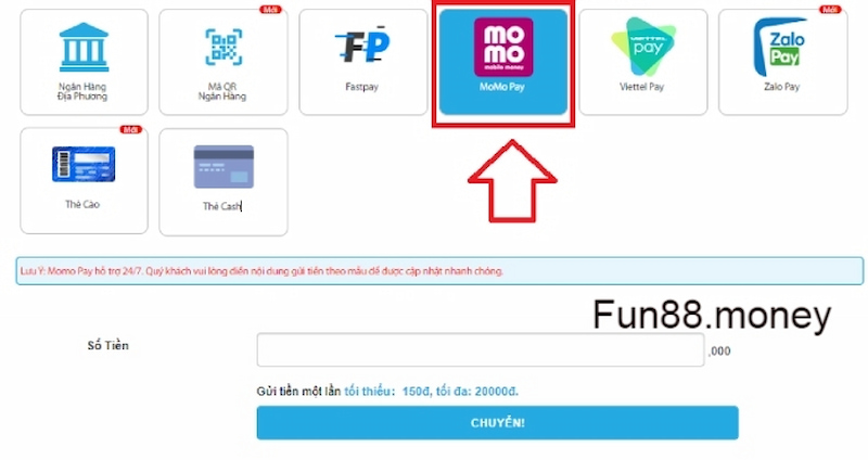 cách nạp tiền vào fun88 qua momo